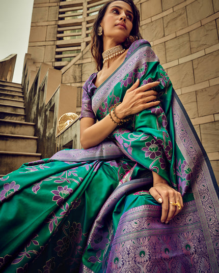 Rama Green Satin Brasso Zari Woven Saree