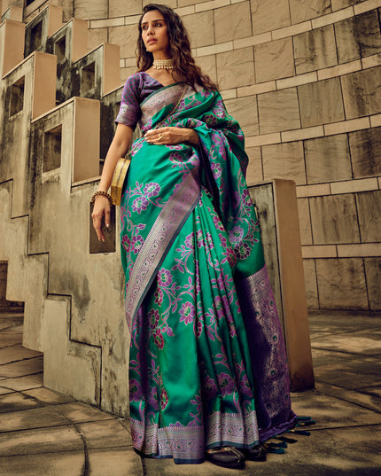 Rama Green Satin Brasso Zari Woven Saree