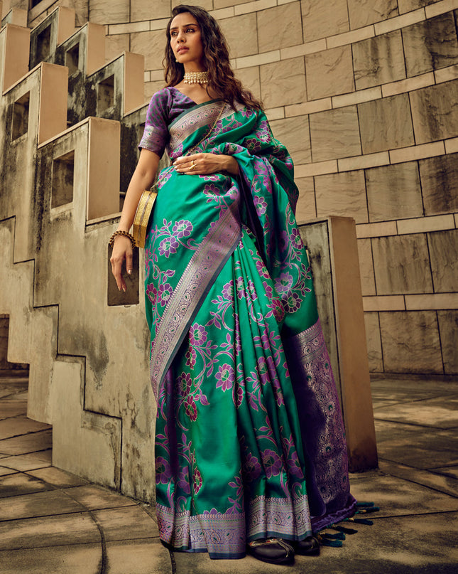 Rama Green Satin Brasso Zari Woven Saree