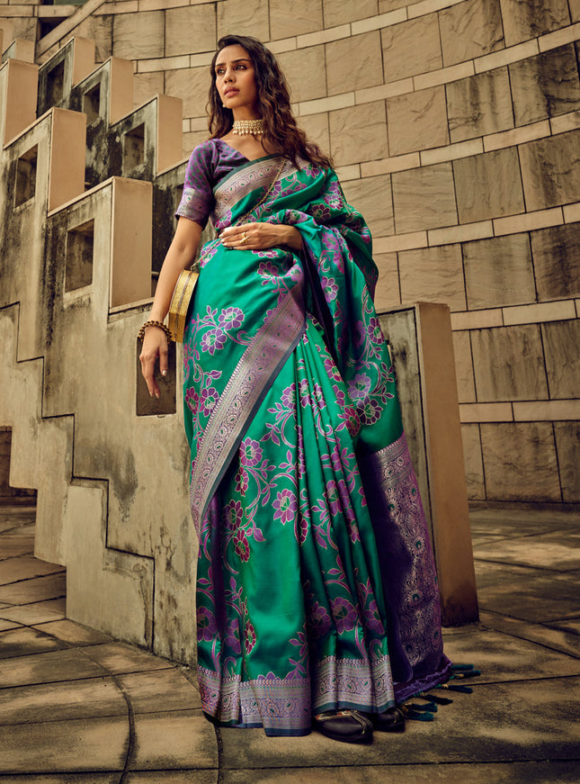 Rama Green Satin Brasso Zari Woven Saree