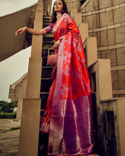 Coral Red Satin Brasso Zari Woven Saree