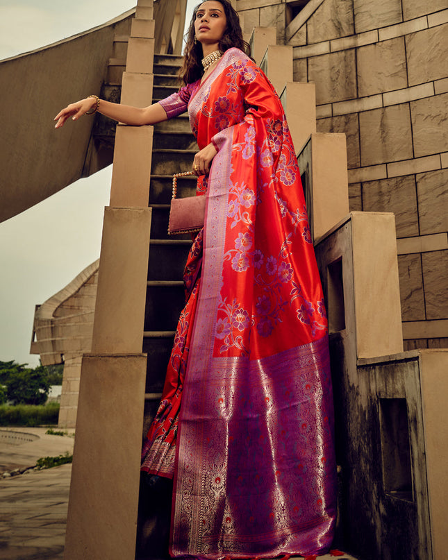 Coral Red Satin Brasso Zari Woven Saree
