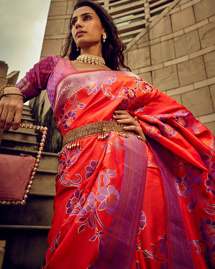 Coral Red Satin Brasso Zari Woven Saree