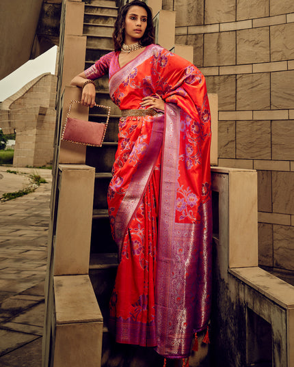 Coral Red Satin Brasso Zari Woven Saree