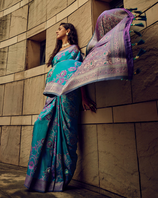 Morpich Satin Brasso Zari Woven Saree