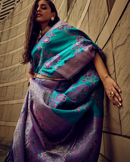 Morpich Satin Brasso Zari Woven Saree