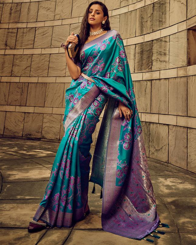 Morpich Satin Brasso Zari Woven Saree