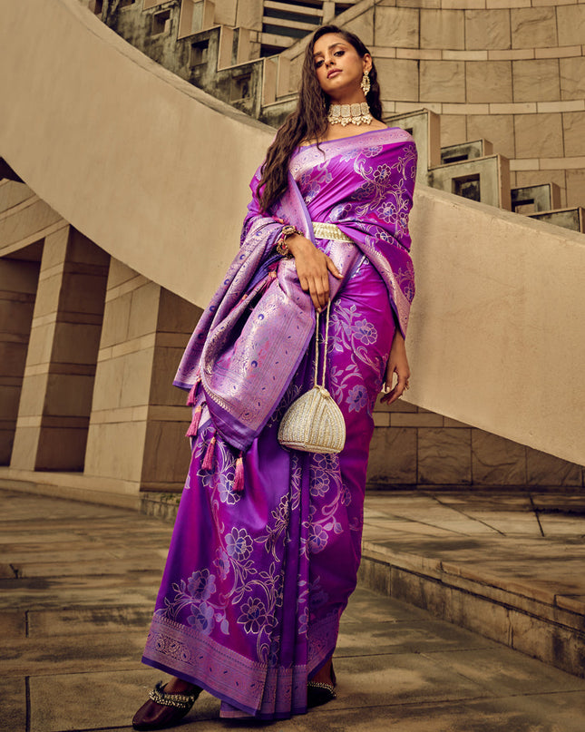 Purple Satin Brasso Zari Woven Saree