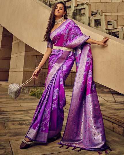 Purple Satin Brasso Zari Woven Saree