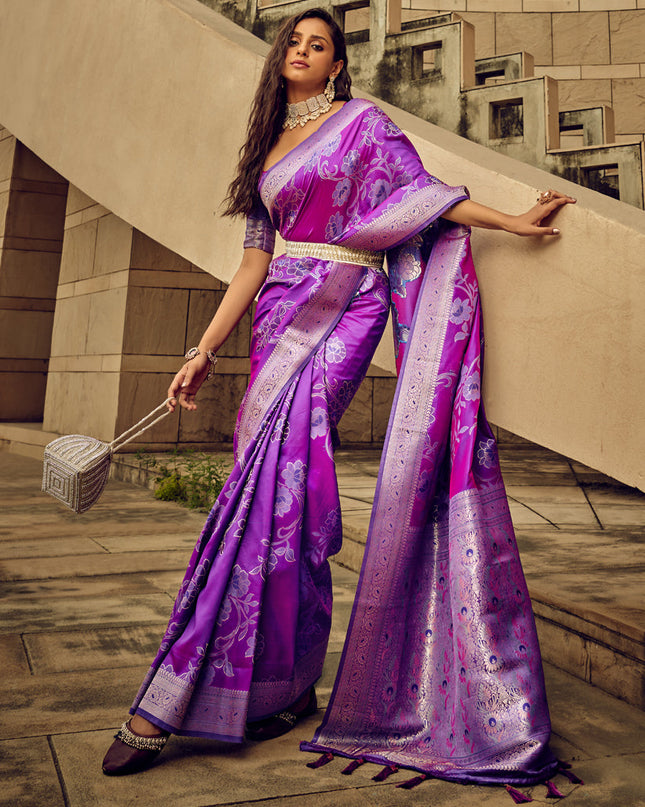 Purple Satin Brasso Zari Woven Saree