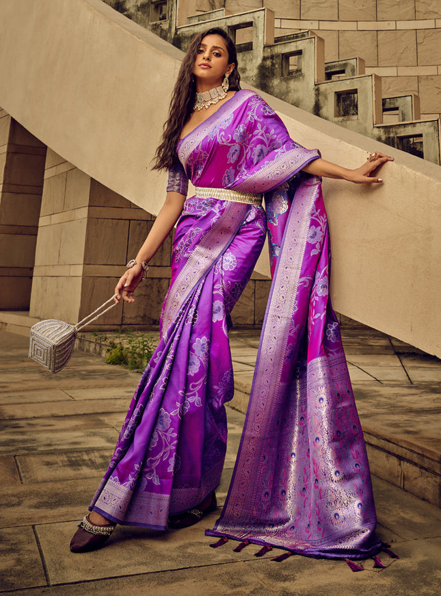 Purple Satin Brasso Zari Woven Saree