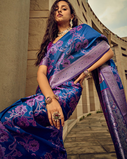 Indigo Blue Satin Brasso Zari Woven Saree