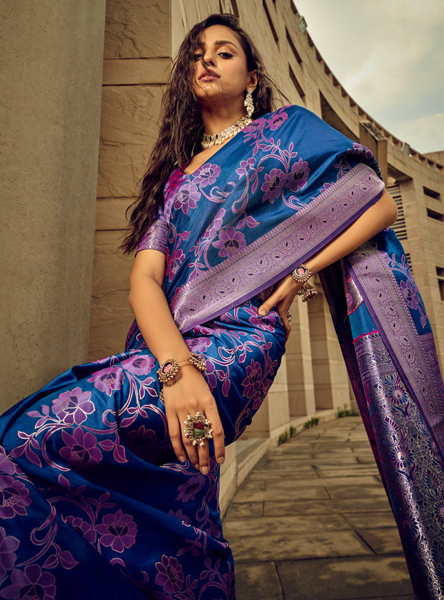 Indigo Blue Satin Brasso Zari Woven Saree