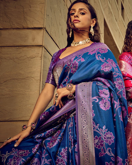 Indigo Blue Satin Brasso Zari Woven Saree