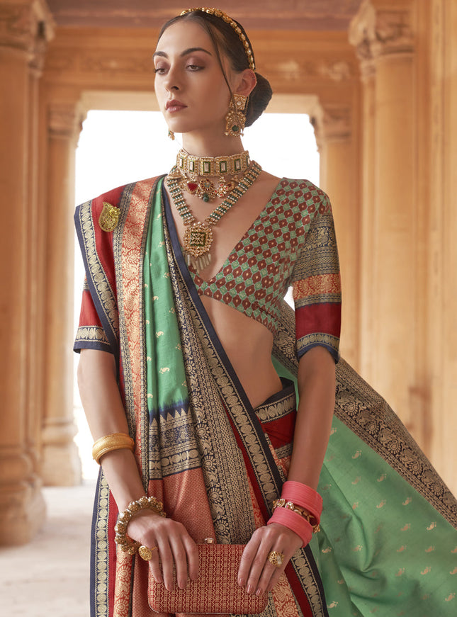 Sea Green Silk Embellished Saree