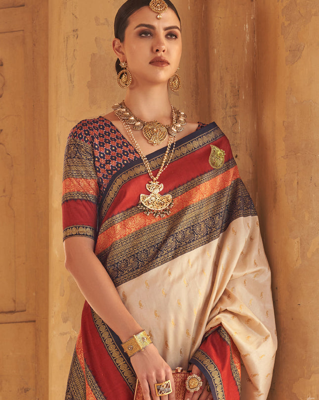 Cream Silk Embellished Saree