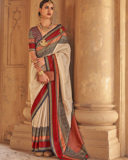 Cream Silk Embellished Saree