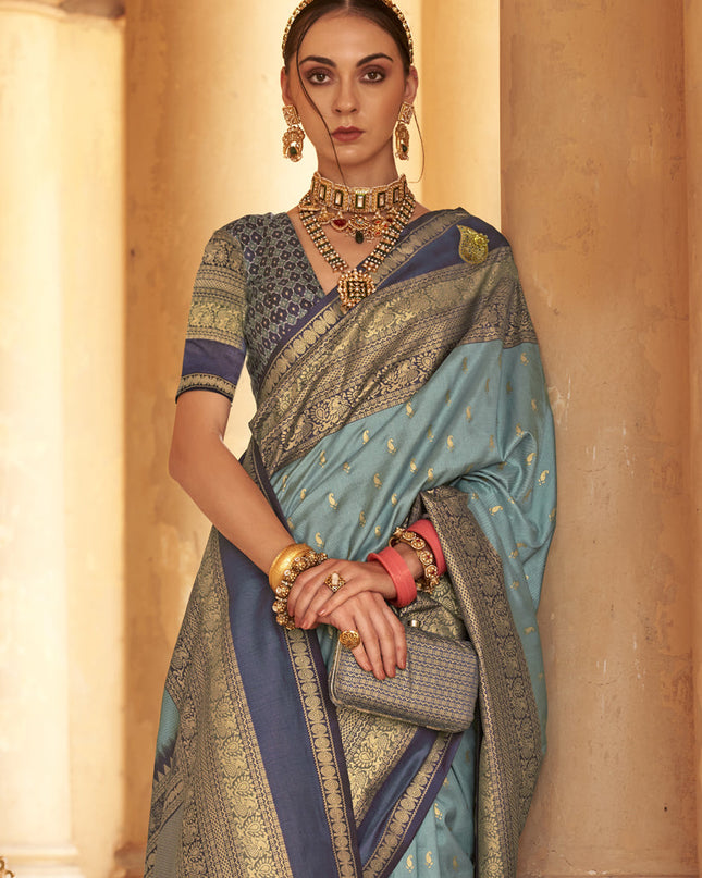 Livid Blue Silk Embellished Saree