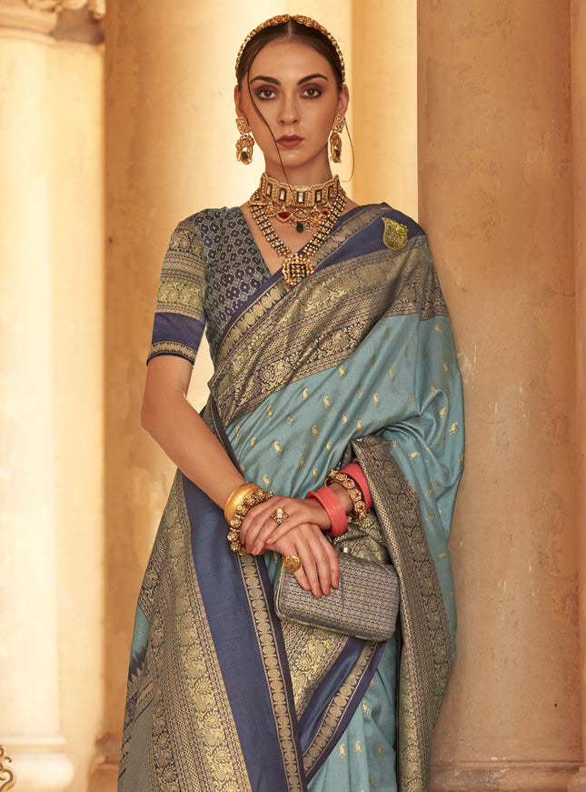 Livid Blue Silk Embellished Saree