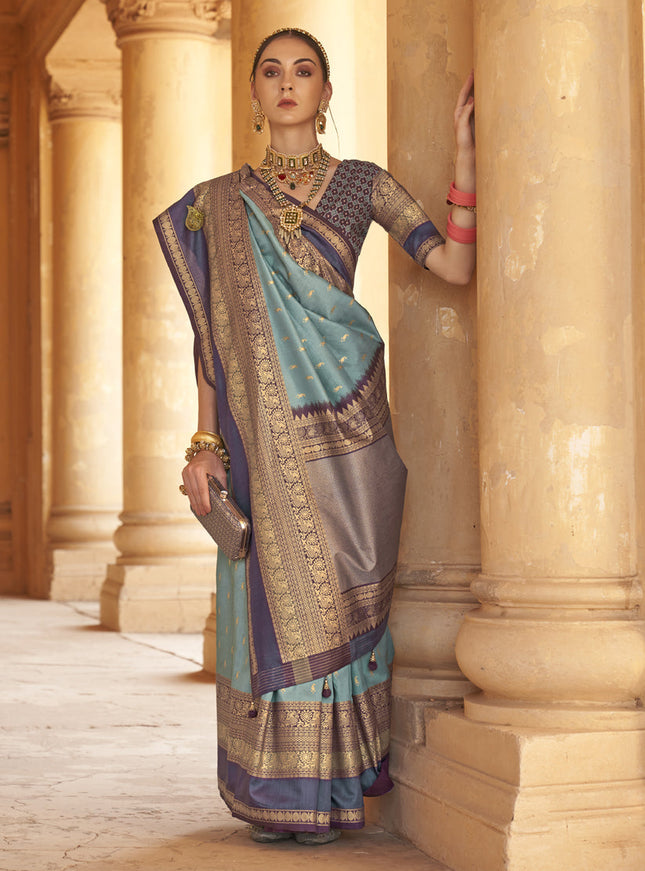 Livid Blue Silk Embellished Saree