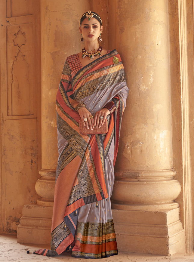 Lavender Grey Silk Embellished Saree