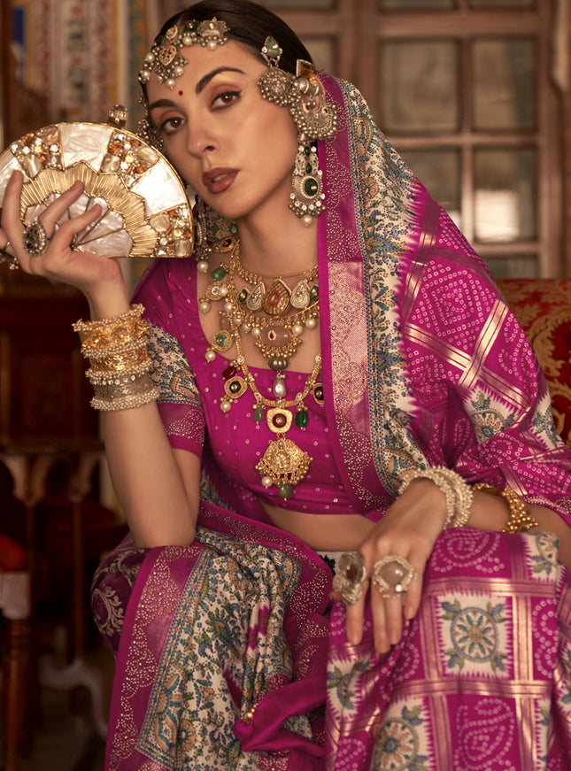 Rani Pink Silk Embellished Saree