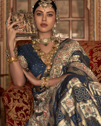 Prussian Blue Silk Embellished Saree