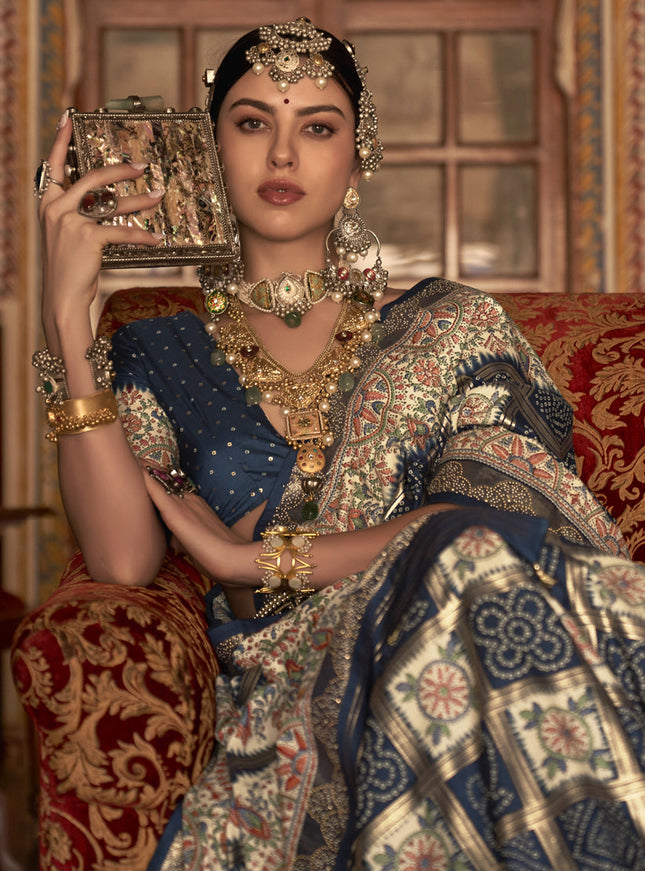 Prussian Blue Silk Embellished Saree