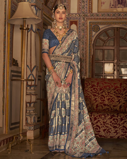 Prussian Blue Silk Embellished Saree