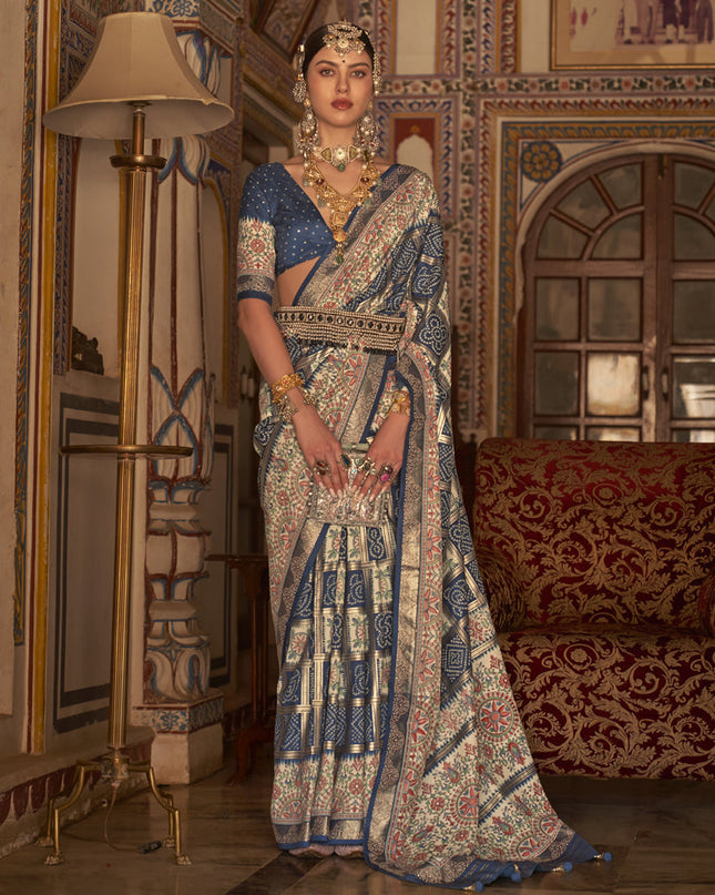 Prussian Blue Silk Embellished Saree