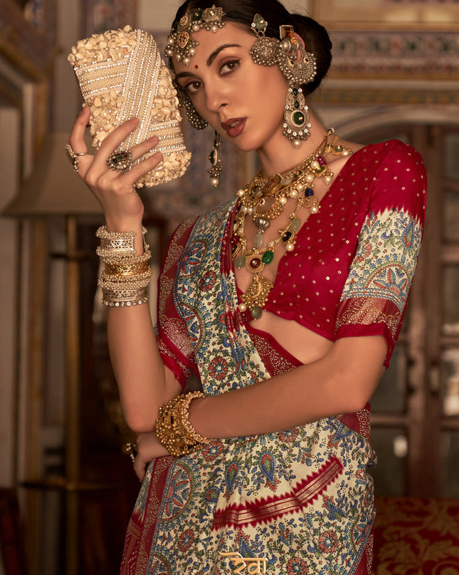 Rust Red Silk Embellished Saree