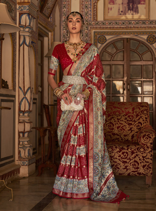 Rust Red Silk Embellished Saree