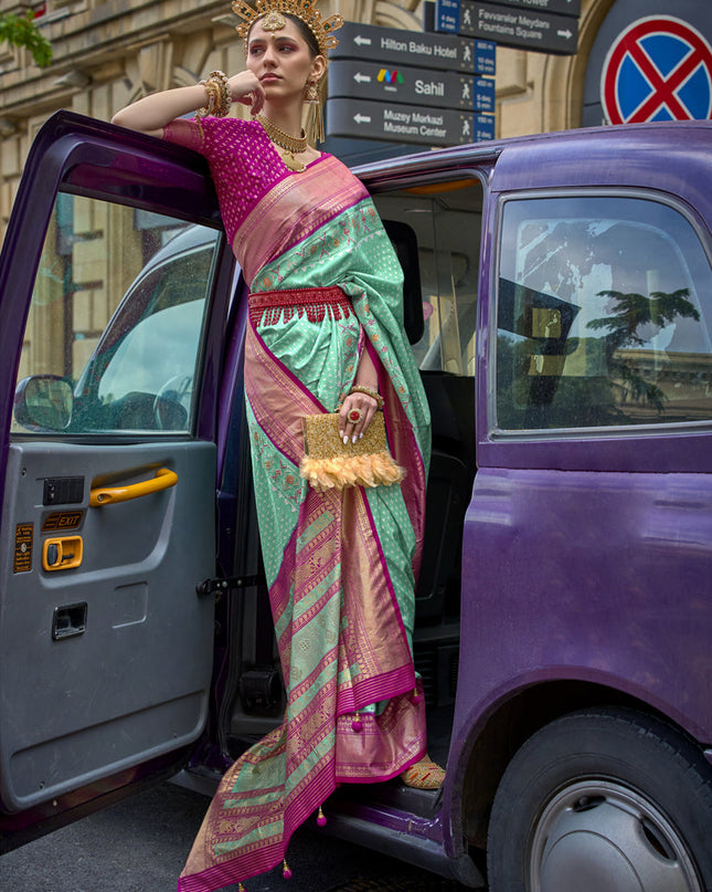 Sea Green Silk Printed Designer Saree
