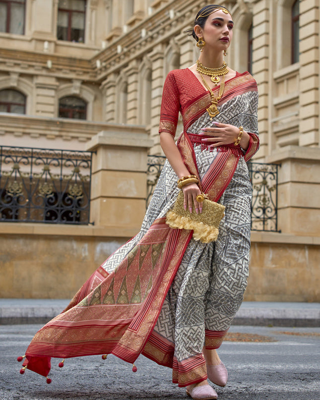 Grey Silk Printed Designer Saree