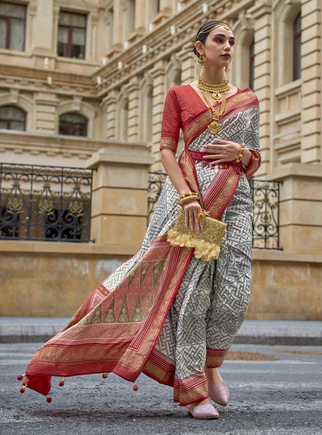 Grey Silk Printed Designer Saree