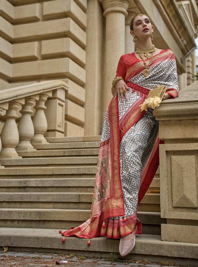 Grey Silk Printed Designer Saree
