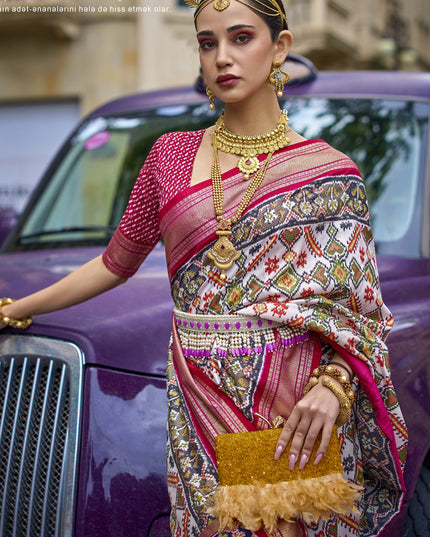 Off White Silk Printed Designer Saree