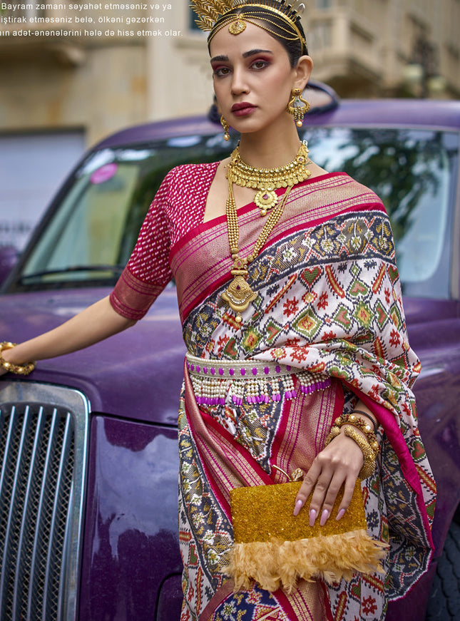 Off White Silk Printed Designer Saree