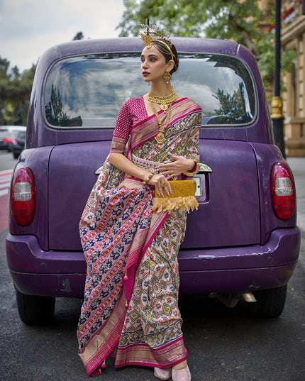 Off White Silk Printed Designer Saree