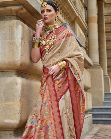 Beige Embellished Silk Saree