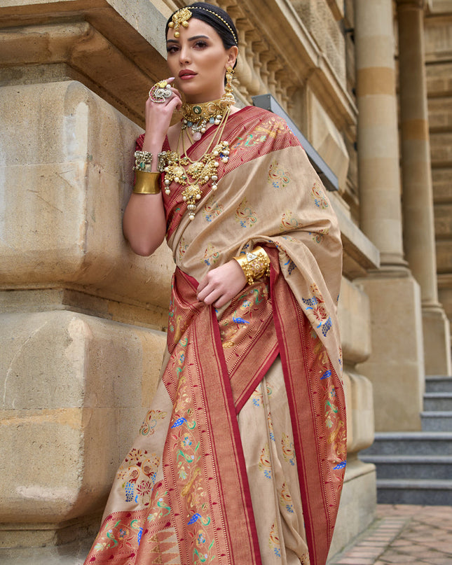 Beige Embellished Silk Saree