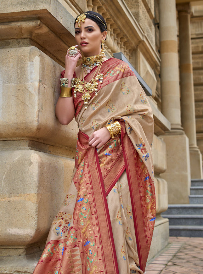 Beige Embellished Silk Saree