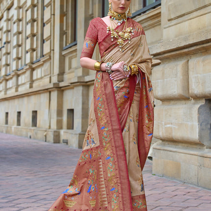 Beige Embellished Silk Saree