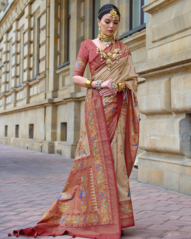 Beige Embellished Silk Saree
