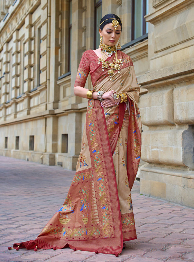 Beige Embellished Silk Saree