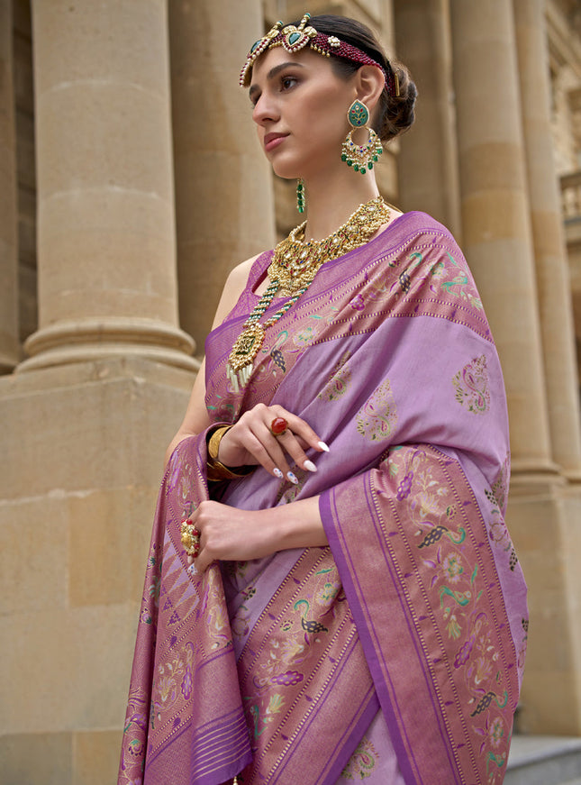 Lilac Pink Embellished Silk Saree