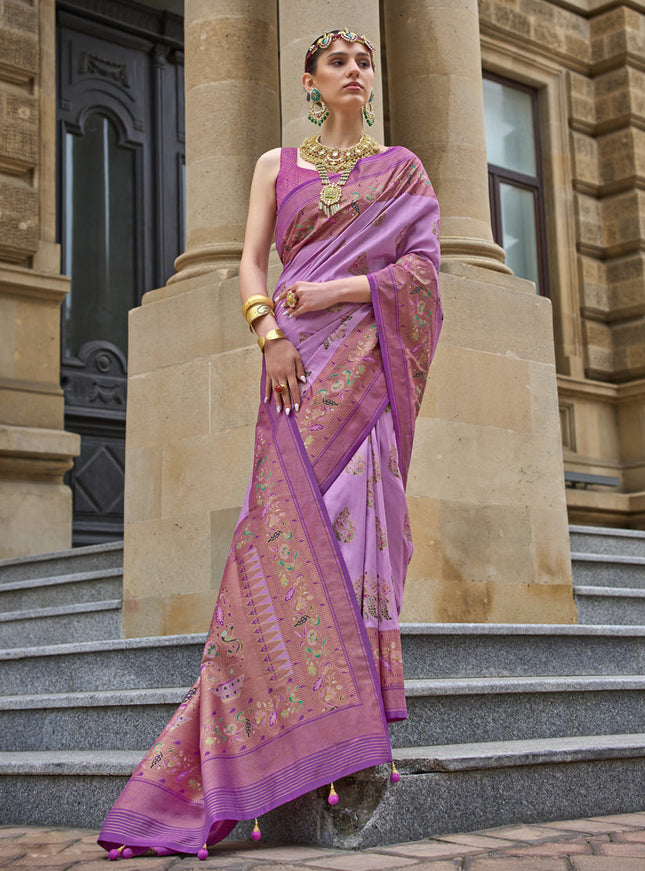 Lilac Pink Embellished Silk Saree