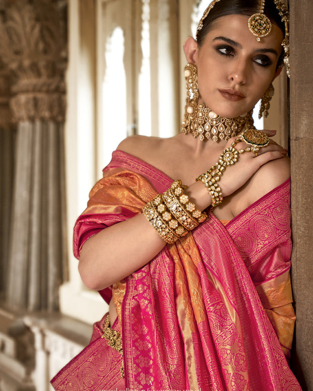 Sunset Orange Banarasi Weaving Silk Saree for Ceremonial