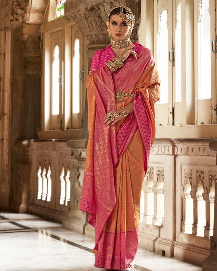 Sunset Orange Banarasi Weaving Silk Saree for Ceremonial