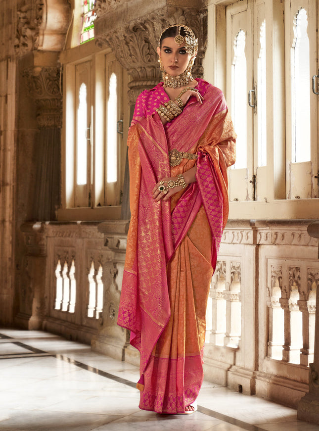 Sunset Orange Banarasi Weaving Silk Saree for Ceremonial
